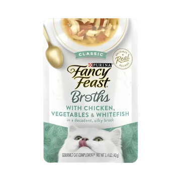 Fancy Feast Broths Classic Chicken, Vegetables & Whitefish in a Decadent Silky Broth 40g (16 Pouches)