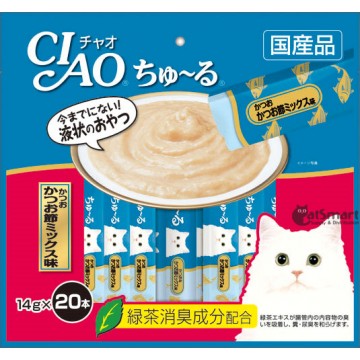 Ciao Chu ru Tuna Dried Bonito Mix with Added Vitamin and Green Tea Extract 14g x 20pcs (2 Packs)
