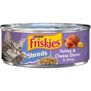 Friskies Can Food Savory Shreds Turkey & Cheese Dinner in Gravy 156g (Contains Pork) 24 Cans